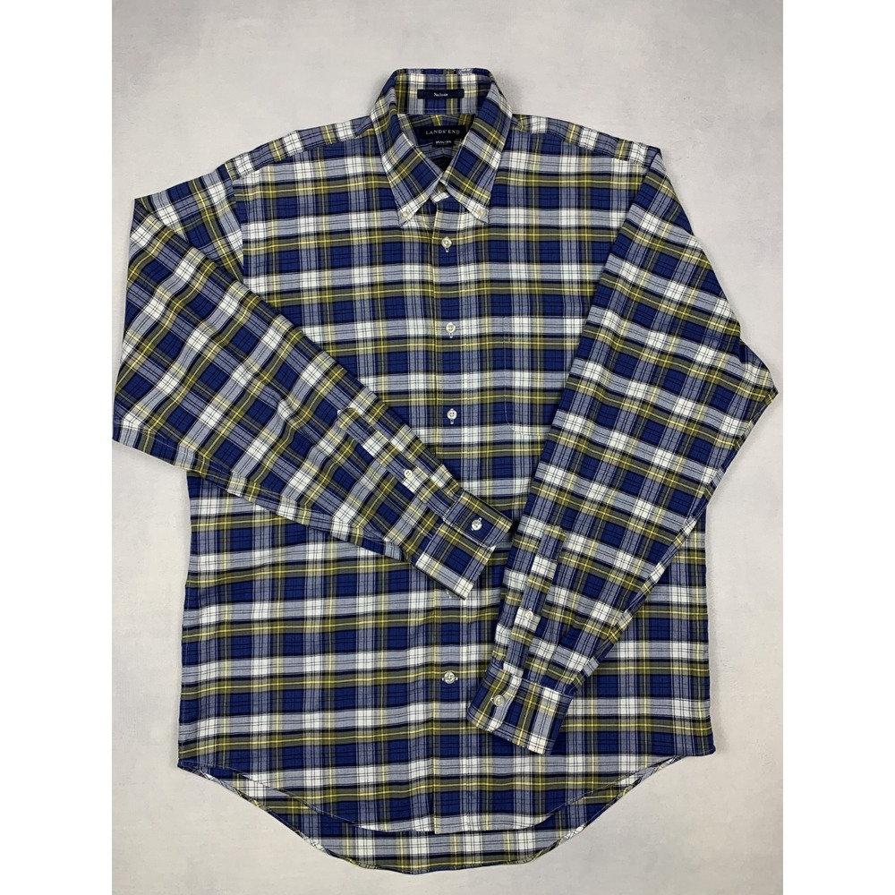 Lands End No Iron Shirt Mens 15.5 35 Blue Plaid Button Down Dress Cotton